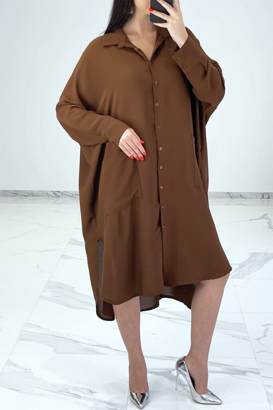 Loose brown shirt dress with batwing sleeves - 4