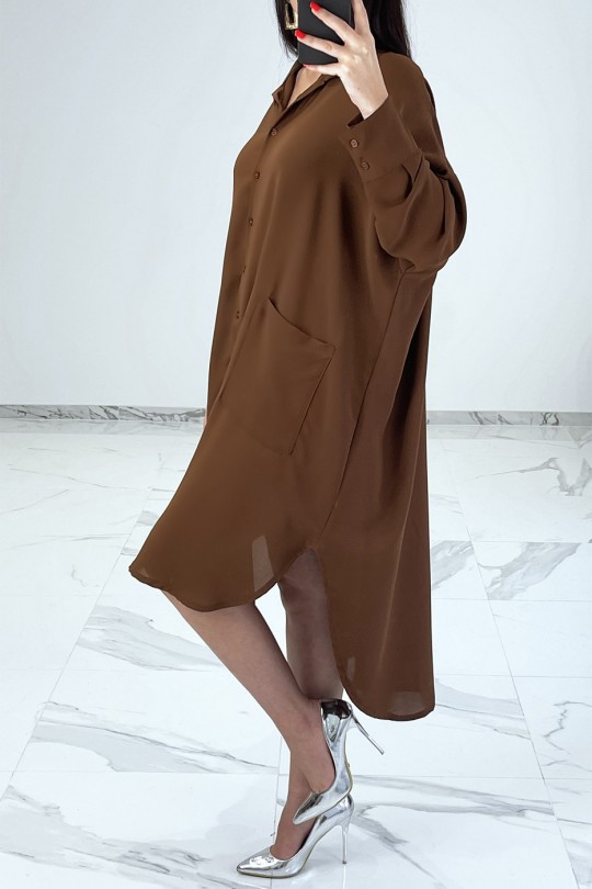 Loose brown shirt dress with batwing sleeves - 6