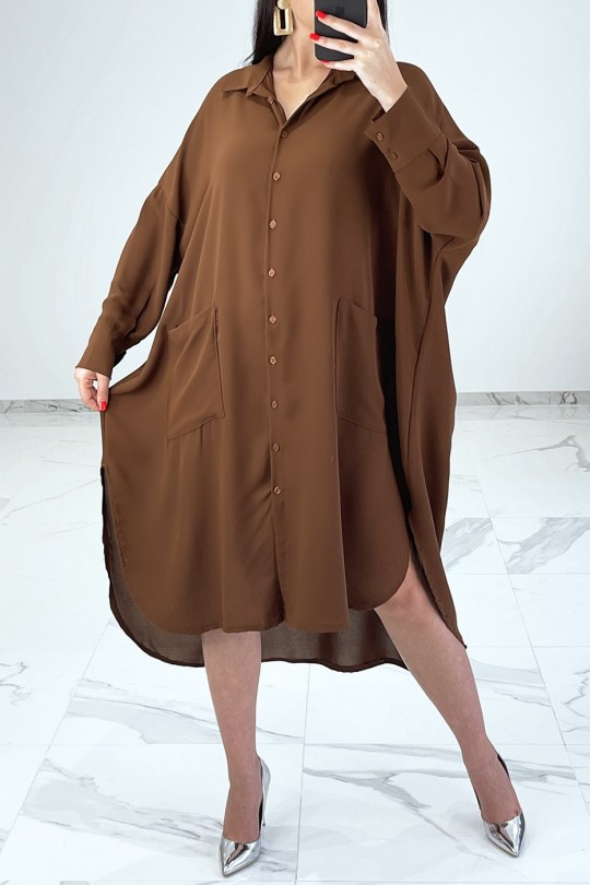 Loose brown shirt dress with batwing sleeves - 1