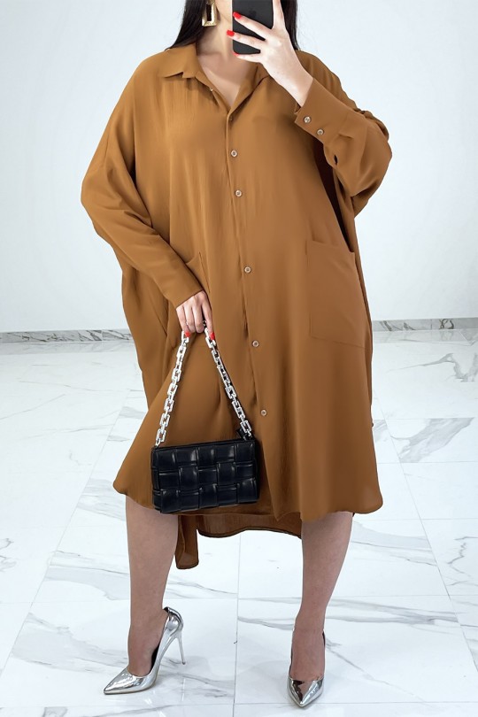Robe chemise ample camel avec manches chauve-souris - 3