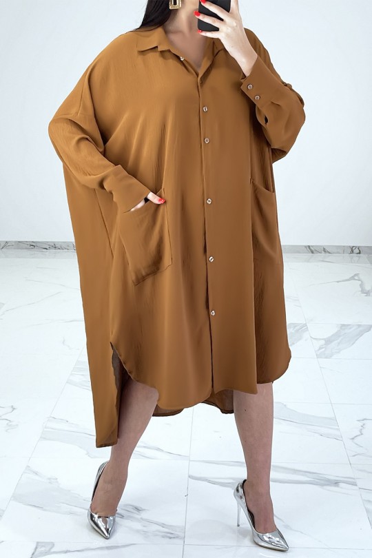 Robe chemise ample camel avec manches chauve-souris - 1