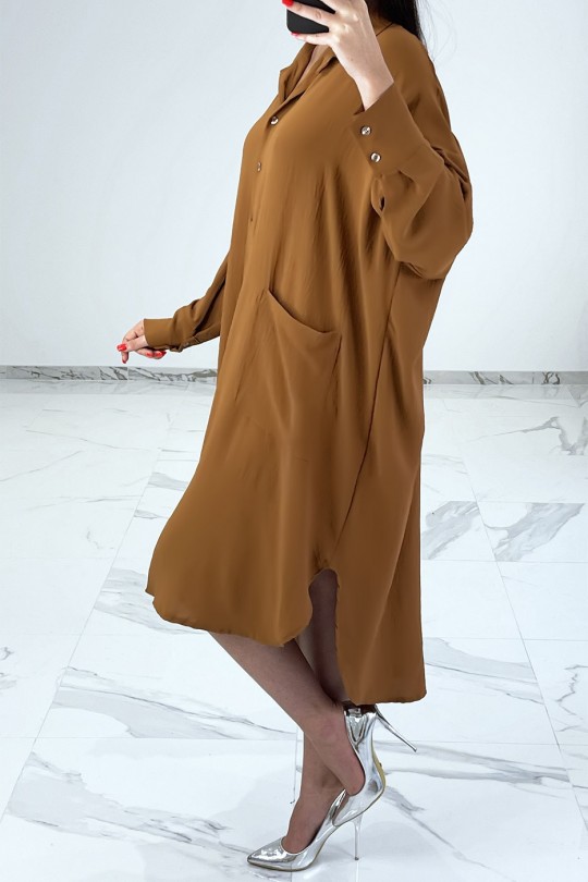 Robe chemise ample camel avec manches chauve-souris - 4