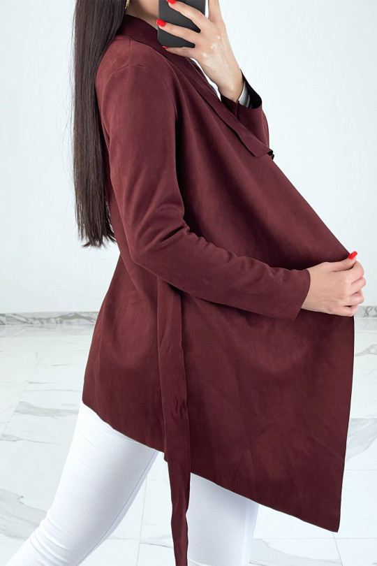 Burgundy suede jacket with wrap collar and belt - 6