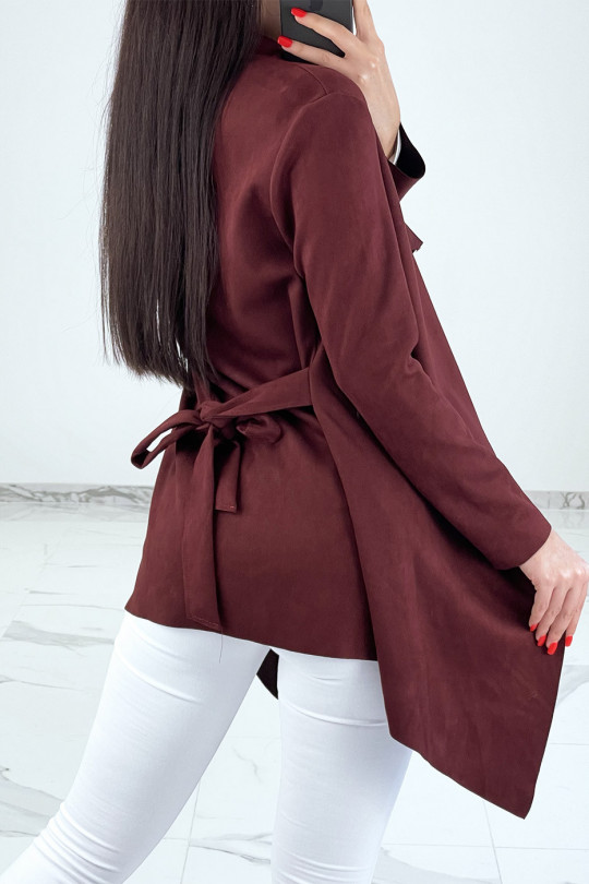 Burgundy suede jacket with wrap collar and belt - 7
