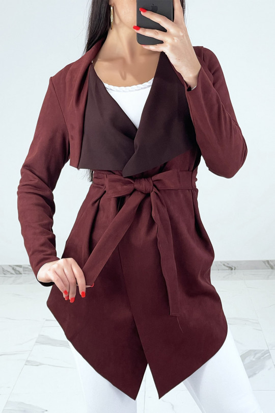 Burgundy suede jacket with wrap collar and belt - 2