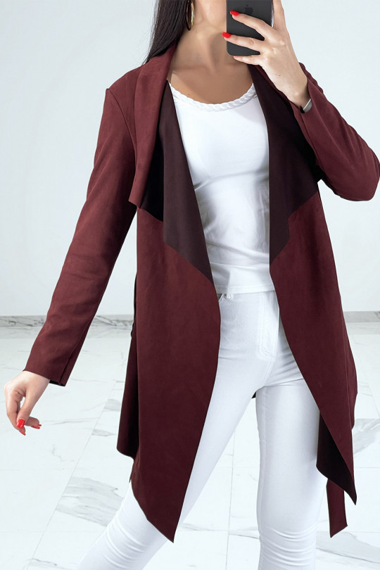 Burgundy suede jacket with wrap collar and belt - 3