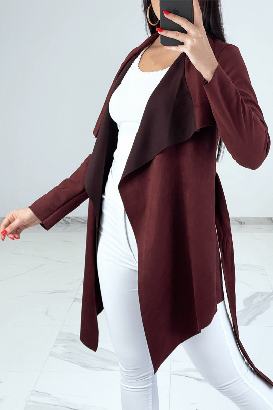 Burgundy suede jacket with wrap collar and belt - 4