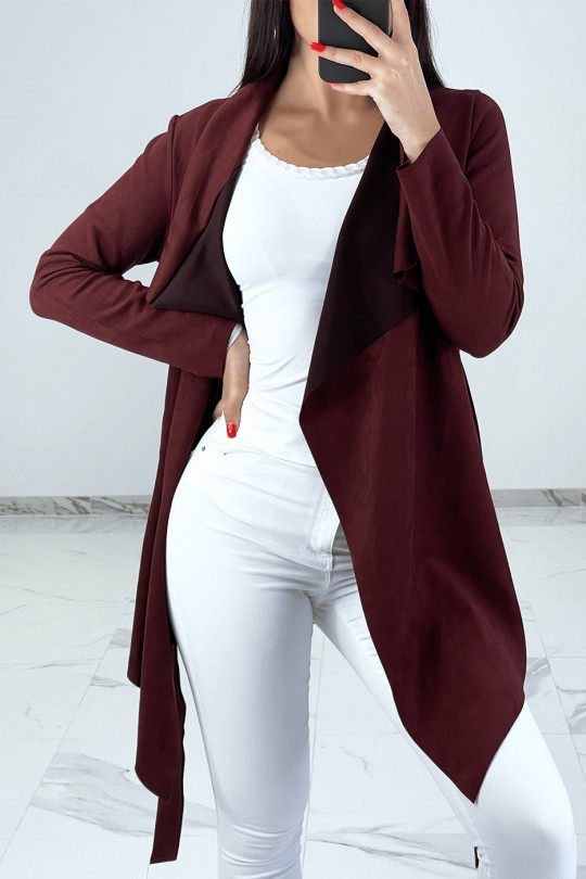 Burgundy suede jacket with wrap collar and belt - 5