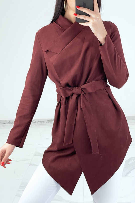 Burgundy suede jacket with wrap collar and belt - 1