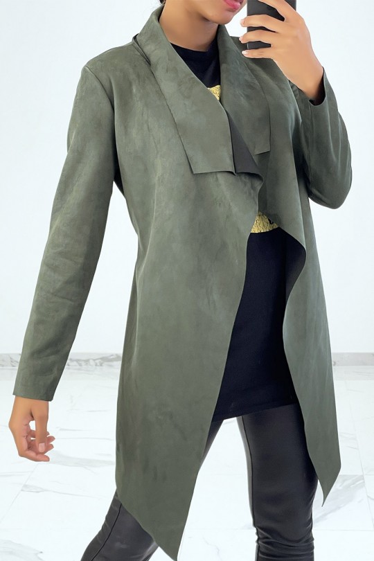 Khaki suede jacket with wrap collar and belt - 1