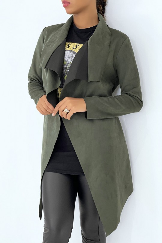 Khaki suede jacket with wrap collar and belt - 2