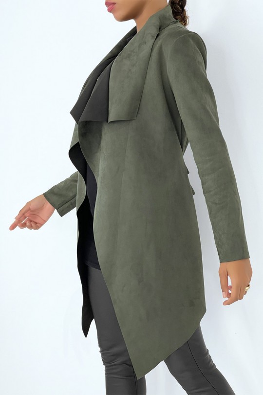 Khaki suede jacket with wrap collar and belt - 4