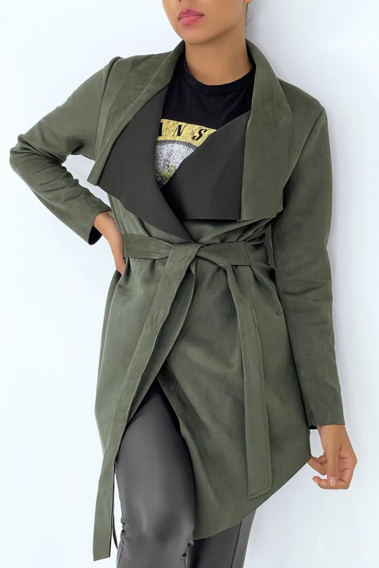 Khaki suede jacket with wrap collar and belt - 3