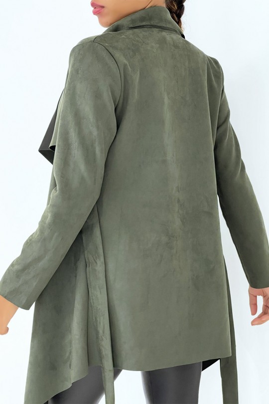 Khaki suede jacket with wrap collar and belt - 5