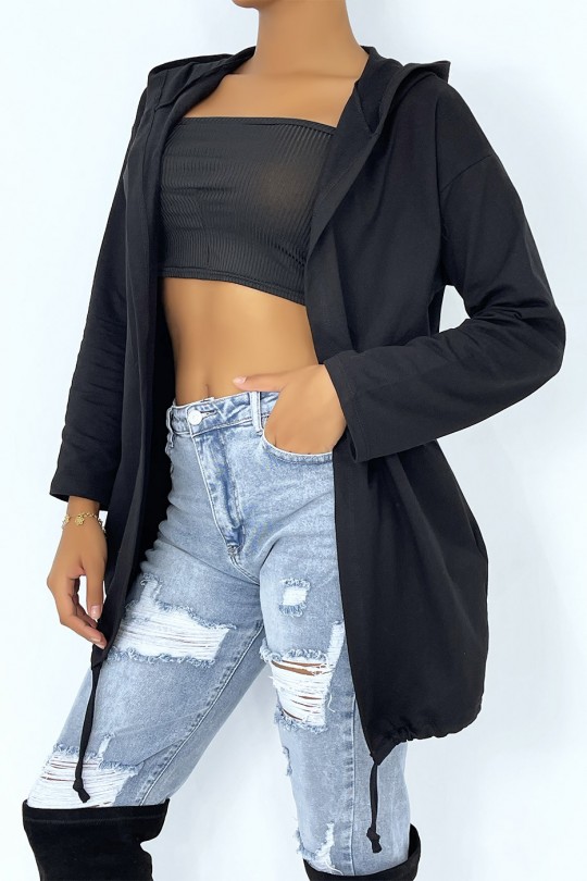 Gilet noir à capuche et manches longues style cape inscription au dos - 3
