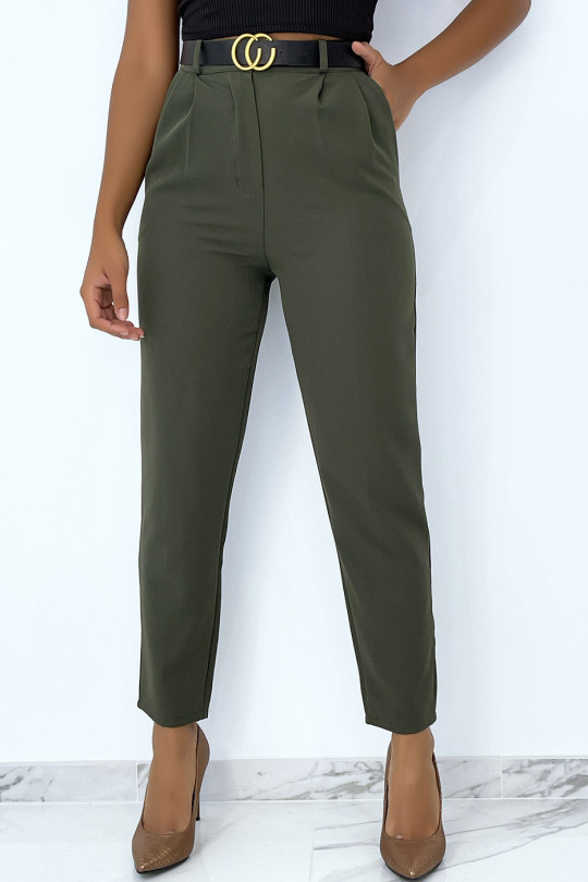 Very chic khaki cigarette pants with pleats and luxury belt - 1