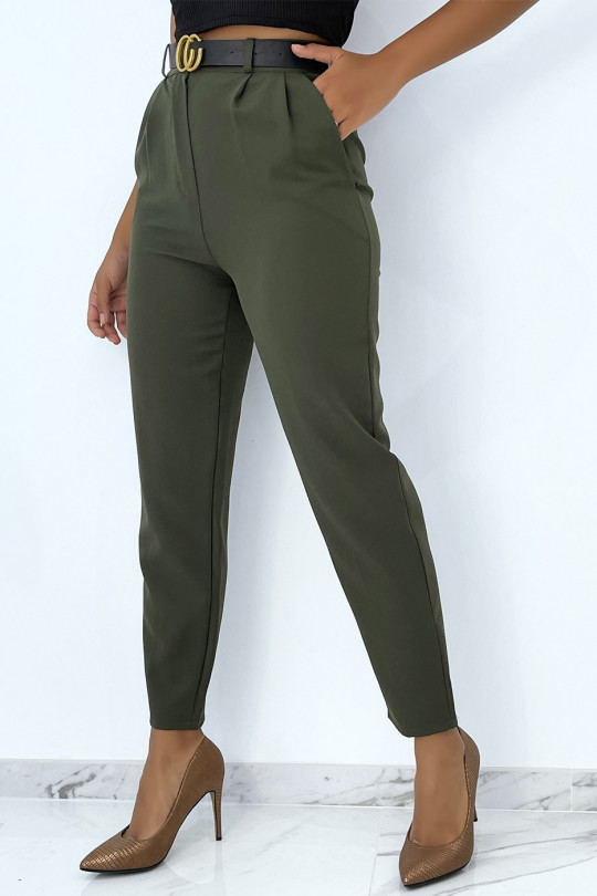 Very chic khaki cigarette pants with pleats and luxury belt - 2