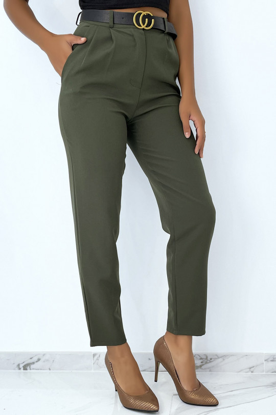 Very chic khaki cigarette pants with pleats and luxury belt - 3