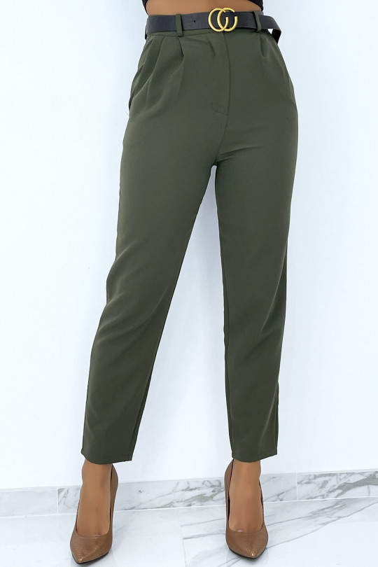 Very chic khaki cigarette pants with pleats and luxury belt - 4