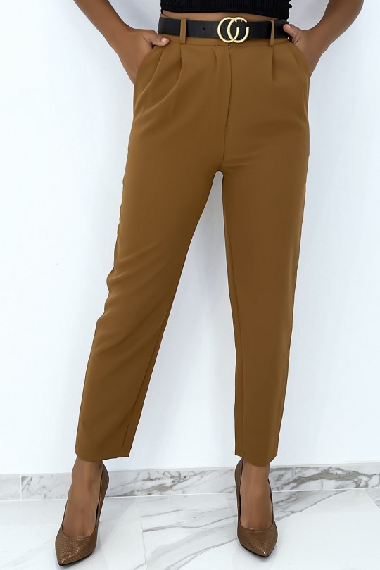 Camel cigarette pants with very chic pleats with luxury belt - 2