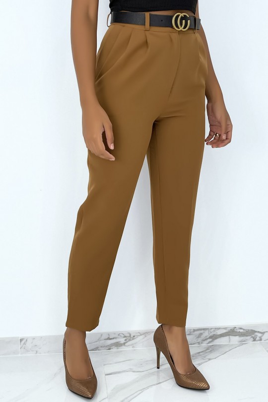 Camel cigarette pants with very chic pleats with luxury belt - 1