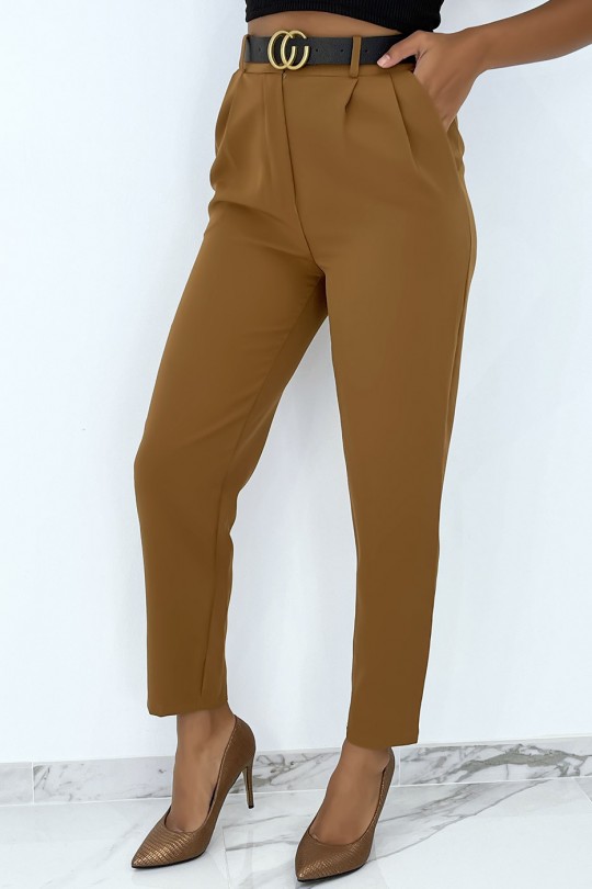 Camel cigarette pants with very chic pleats with luxury belt - 3