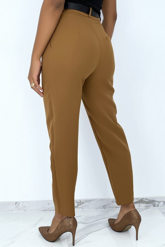 Camel cigarette pants with very chic pleats with luxury belt - 5