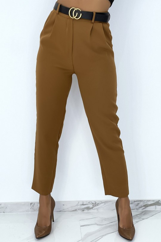 Camel cigarette pants with very chic pleats with luxury belt - 4