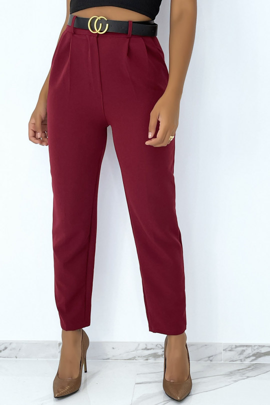 Burgundy cigarette pants with very chic pleats with luxury belt - 1