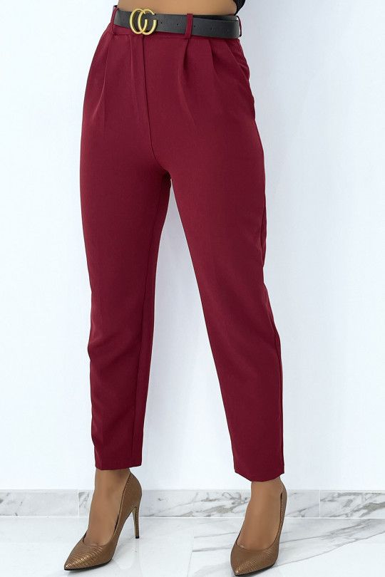 Burgundy cigarette pants with very chic pleats with luxury belt - 2