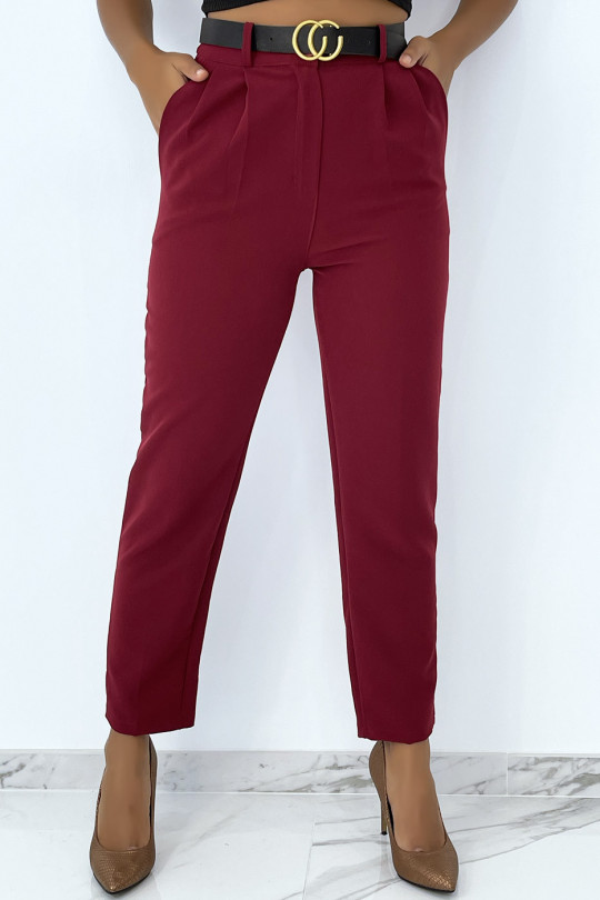 Burgundy cigarette pants with very chic pleats with luxury belt - 3