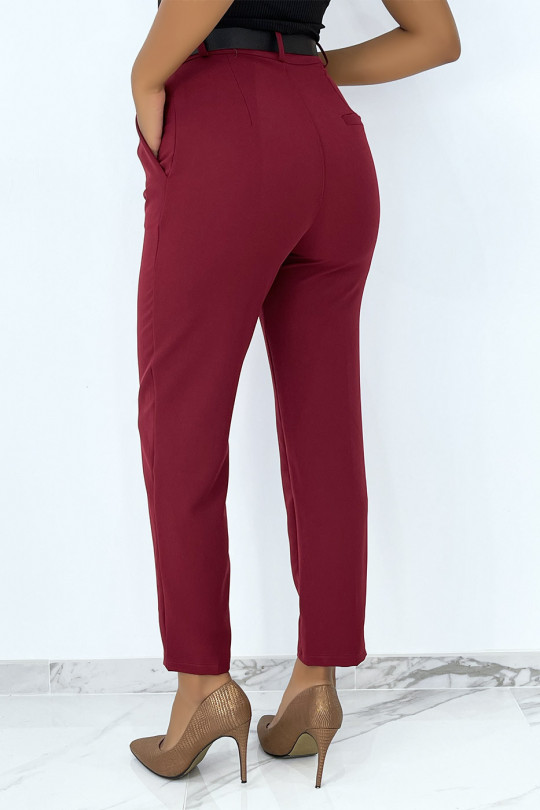 Burgundy cigarette pants with very chic pleats with luxury belt - 4