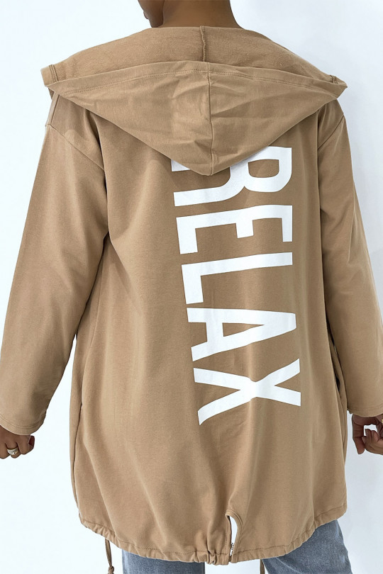 Camel cardigan with hood and long sleeves, cape style, inscription on the back - 4