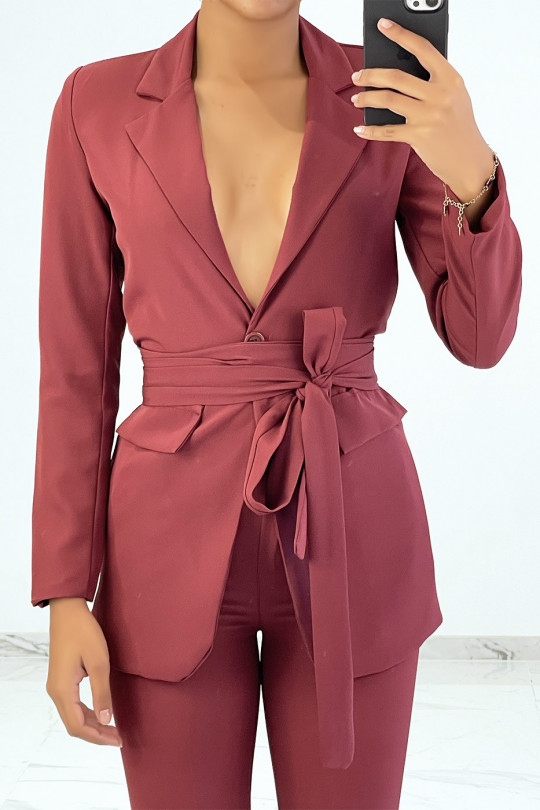 Very chic burgundy blazer set with tie belt and slit pants - 2