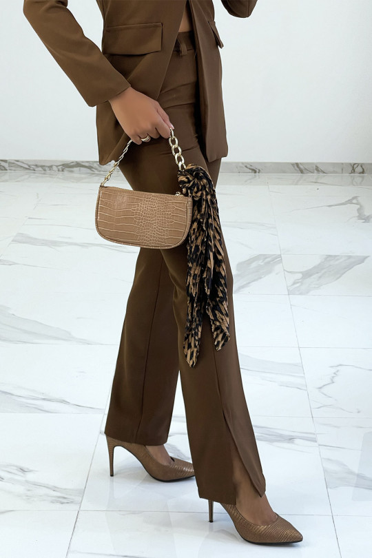 Very chic brown blazer set with tie belt and slit pants - 2