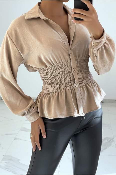 Soepelvallende beige top die in de taille wordt aangesnoerd met een gezwollen effect in een bohemien-chique stijl - 1