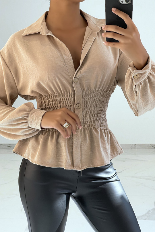 Fluid beige top cinched at the waist with a puffy effect in a bohemian chic style - 2