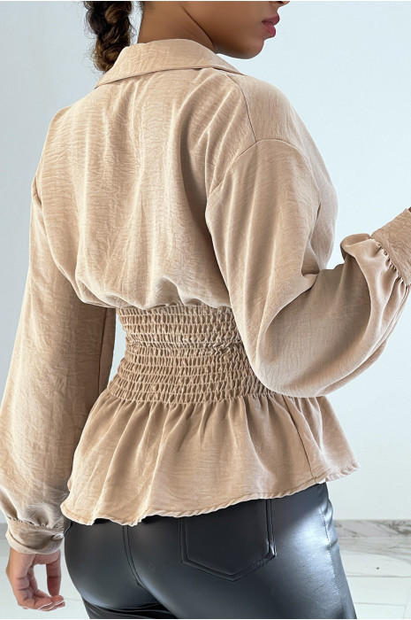 Haut fluide beige cintré à la taille effet bouffant style bohème chic - 3