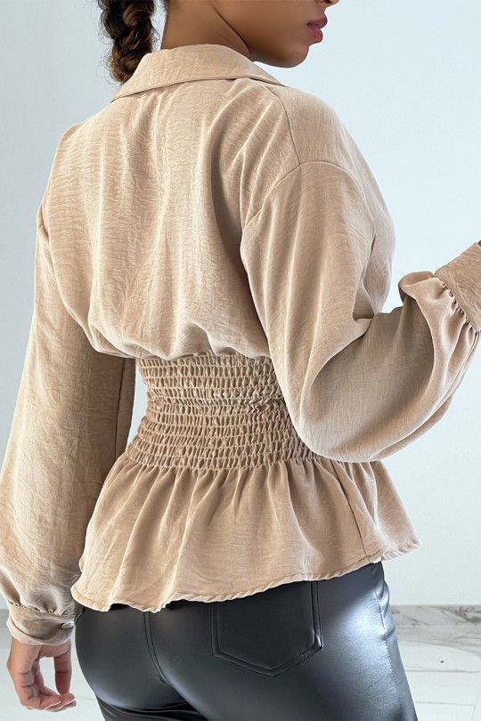 Fluid beige top cinched at the waist with a puffy effect in a bohemian chic style - 3