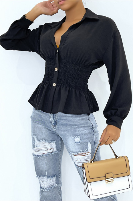 Haut fluide noir cintré à la taille effet bouffant style bohème chic - 1