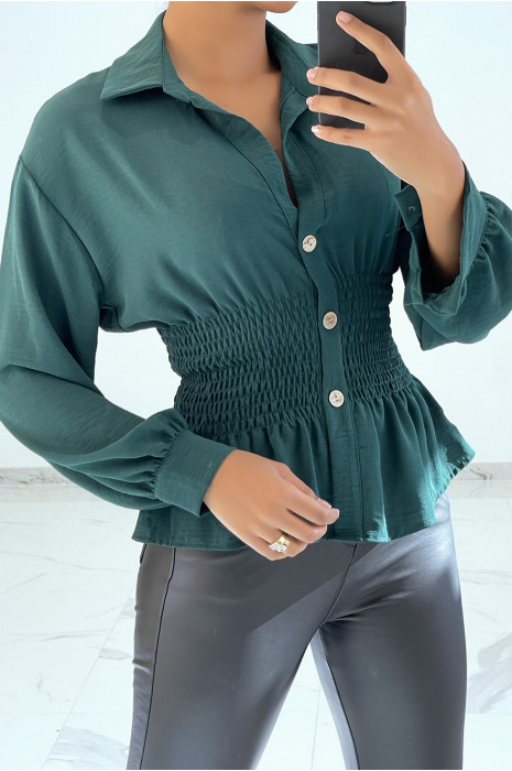 Haut fluide vert cintré à la taille effet bouffant style bohème chic - 1