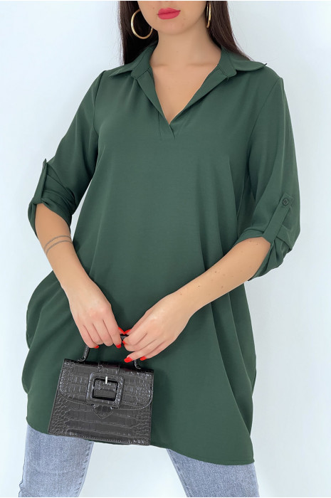 Tunique vert style chemisier avec poches - 1