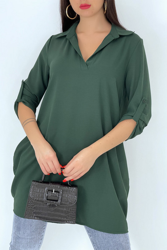 Tunique vert style chemisier avec poches - 1