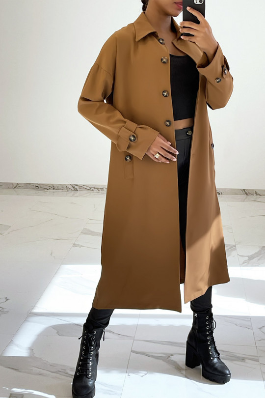 Long super trendy camel trench coat with “California” inscription - 6