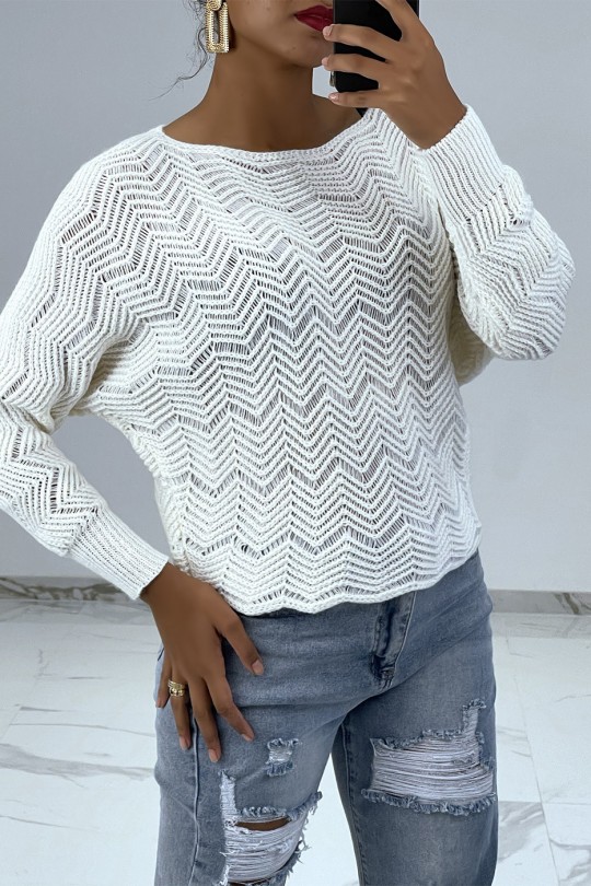 White sweater with batwing sleeves and knit patterns - 2