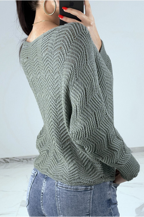 Pull vert à manches chauve-souris et motifs en maille - 5