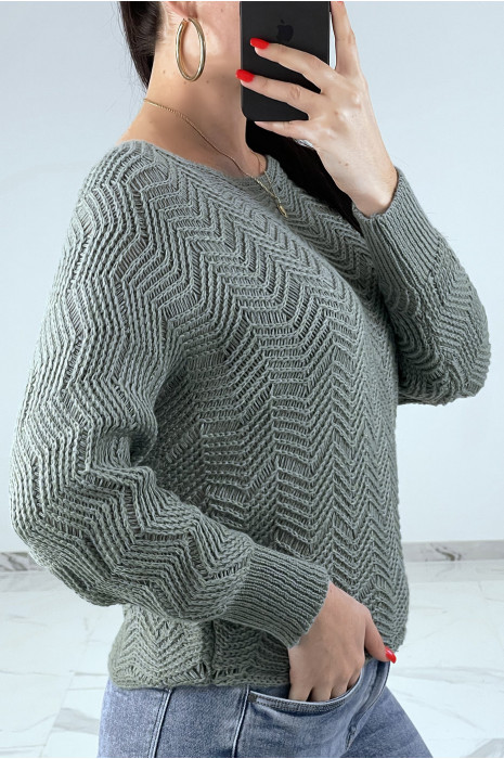 Pull vert à manches chauve-souris et motifs en maille - 3