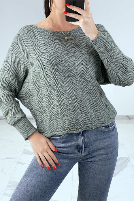 Pull vert à manches chauve-souris et motifs en maille - 2