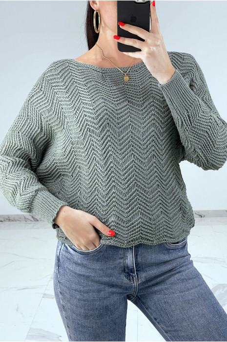 Pull vert à manches chauve-souris et motifs en maille - 1