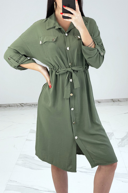 Robe chemise verte fluide mi-longue à poches style safari - 2